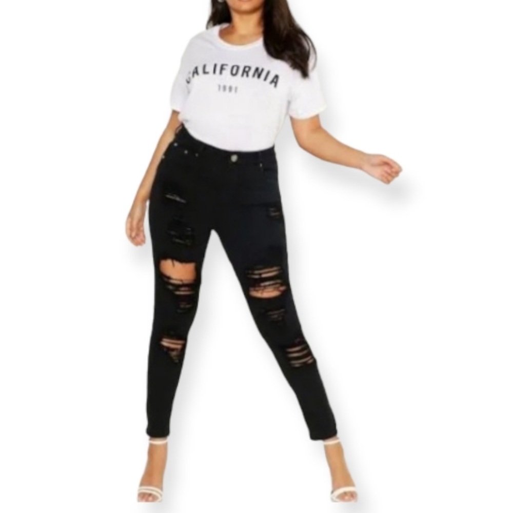 Boohoo black skinny distressed frayed denim jeans Size 6